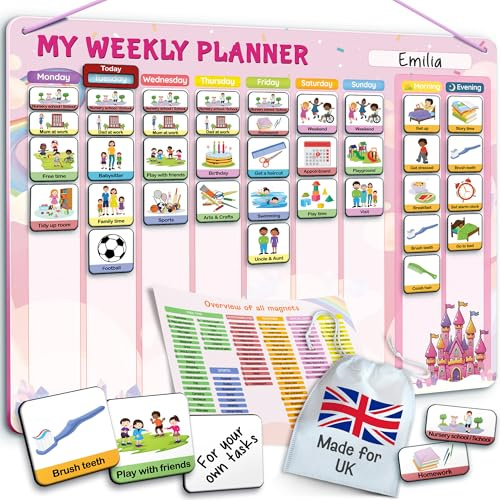 LIKARTO Visual Timetable for Kids - 2-in-1 Weekly + Daily Schedule - Magnetic Timetable with 194 Magnets and Magnetic Backing - Morning Routine Chart - Now and Next Board Autism - ADHD Aids - Pink