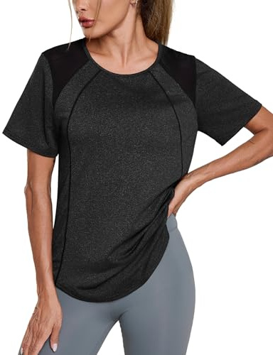 Terecey Women's Gym T-Shirt Crew Neck Short Sleeve Yoga Tops Mesh Panel Breathable Sports Shirts UK for Training Running Fitness, Black S