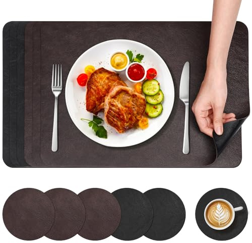 WGIDSKKI Set di 6 Tovagliette in Pelle e Sottobicchieri, Tovagliette e Sottobicchieri Lavabili Bifacciale, Resistenti al Calore, Effetto Pelle, Antiscivolo (Quadrato)