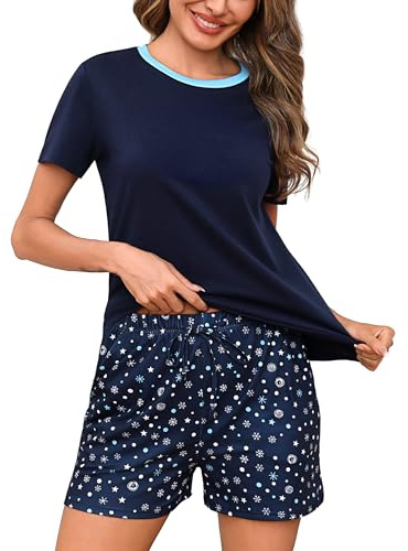 Litherday Womens Pyjamas Set Short Sleeve Cotton Summer Pjs for Women Nightwear Sleepwear Top and Heart Print Bottoms with Pockets