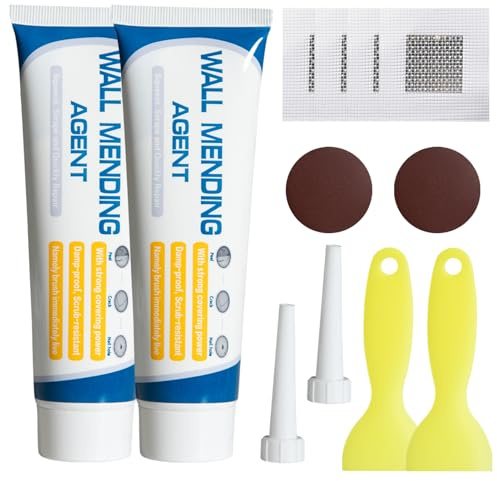 2 Pack Wall Repair Kit, Waterproof Filler for Walls, Spackle Paste with Wall Repair Cream, 2 Drywall Patch, Sandpaper & Scraper for Fast Repair of Cracks, Holes, Graffiti & Peeling
