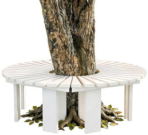 Banco de jardín de madera, bancos al aire libre, asientos de parque resistentes a la intemperie, banco de árbol envolvente para patio, porche, terraza, césped, patio trasero(Blanco,Half Round)