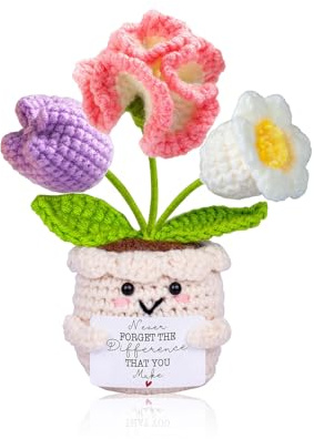 Tastetreasure Regalos de agradecimiento para profesores, flores de clavel de ganchillo hechas a mano en maceta, planta de ganchillo de 3 tallos para maestro, mentor, jefe, regalos de agradecimiento