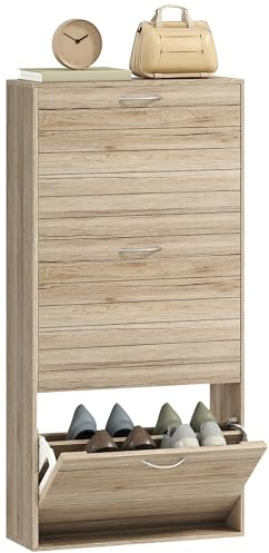 HOMCOM Zapatero Estrecho con 3 Puertas Abatibles, para Pasillo, Roble