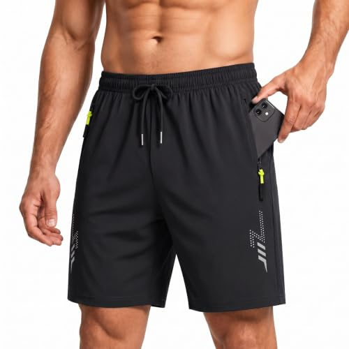 UoQo Mens Quick Dry Swim Shorts Zip Pockets Drawstring Beach Trunks (UK, Alpha, L, Regular, Regular, Black)