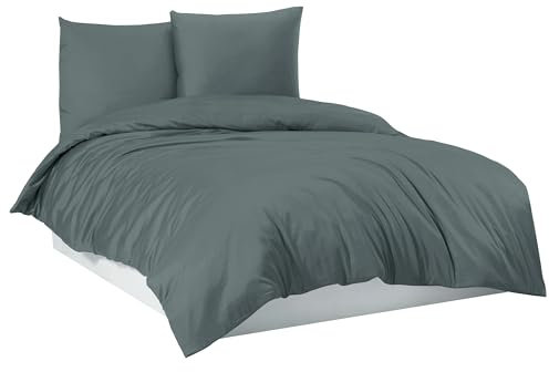 Mixibaby Bettwäsche Bettgarnitur Bettbezug 100% Baumwolle 135x200 155x220 200x200 200x220, Farbe:Dunkelgrau, Größe:155 x 220 cm
