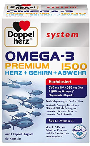 Doppelherz system Omega-3 Premium 1500 – Hoher Gehalt an wertvollen Omega-3-Fettsäuren EPA und DHA als Beitrag zur normalen Herzfunktion – 60 Kapseln