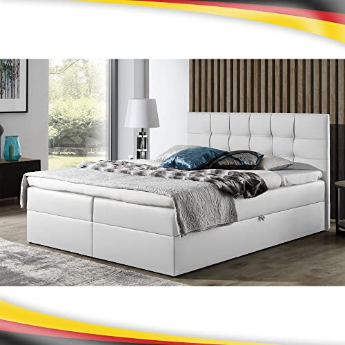 Boxspringbett Doppelbett Leo - Bett mit Bonellmatratze, mit Bettkasten für Bettwäsche und Topper. Widerstandsfähiger und angenehm zu berührender Kunstleder mit Bettkasten (Weiss, 120x200)