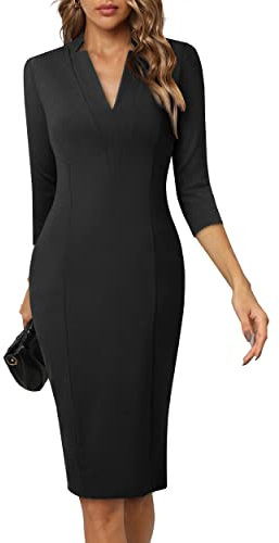 HOMEYEE Damen Elegant V-Ausschnitt 3/4 Ärmel Cocktail Retro Bodycon Bleistiftkleid Business Midi Etuikleid B760 (S, Schwarz)