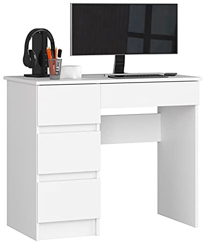 AKORD | Computertisch | Schreibtisch 4 Schubladen | Komfort | Hohe Qualität | Solide | Für Zuhause | Für das Büro | Ergonomie | Für die Arbeit | B90 x H77 x T50 cm | Weiß