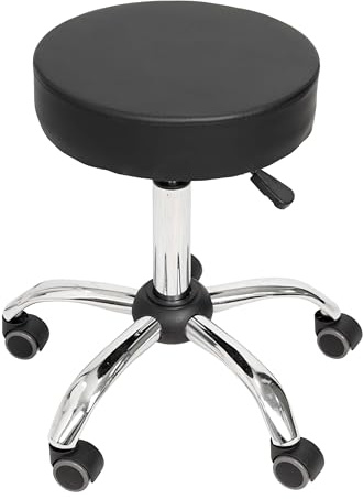 goodsforbusiness EIGENTLICH Drehhocker Rollhocker höhenverstellbar von 51–66 cm, Neues breites Gestell Chrom, Arbeitshocker, Praxishocker Sitzfläche gepolstert mit schwarzem Kunstlederbezug