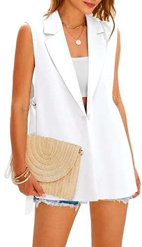 MASCOMODA Womens Fashion 2025 Sleeveless Blazer Vest Spring Casual Open Front Lapel V Neck Office Waistcoat Long Vests(White,Medium)