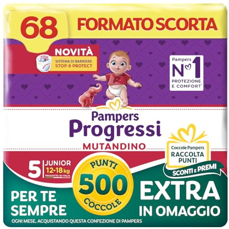 Pampers Progressi Mutandino Junior, Taglia 5 (12-18 kg), Formato Scorta, Barriera Stop&Protect, Pelli Delicate, Rimozione Facile, Senza Linguette, Cambio Veloce, 68 Pannolini Bambino+500 Punti Omaggio