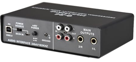USB Audio Interface for Recording Studio – 2-in/2-out USB Sound Card with 48V Phantom Power, Low-Latency Driver, Compatible with / for Podcasting, Music Production & Live Streaming