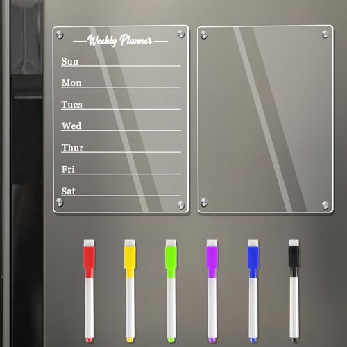 Lot de 2 planificateurs hebdomadaires effaçables en acrylique - Format A4 - Tableau magnétique pour réfrigérateur - Avec 6 stylos pour tableau blanc - Planificateur de repas et liste de courses