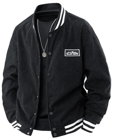 Generisch Chaqueta universitaria de pana para hombre - Chaqueta bomber informal con puños a rayas | Chaqueta de entretiempo estilo béisbol para otoño y primavera, Style_h01 Negro, XXL