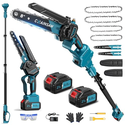 2-en-1 Podadora de Altura, 6 y 8 Pulgadas Motosierra Bateria con Pertiga, 1000W Sin Escobillas Motosierra Telescopica Bateria 8000mAh, Extensible Hasta 4,7m, Para Podar Arboles de Jardinería