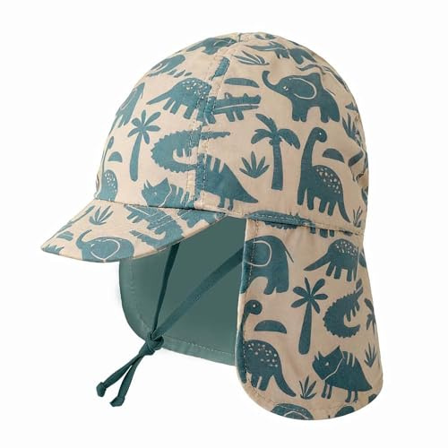 Gifts Treat Bebé Niña Sombrero de Sol 100% algodón,Sombreros de Playa con protección para el Cuello,Esenciales de Playa para niños,Dinosaurio Verde Oliva,1-3 años