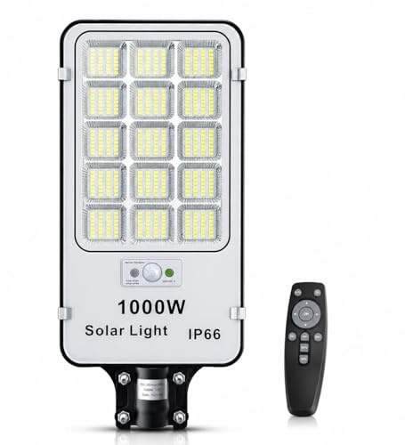 Generico Lampione Solare LED 1000W da Esterno con Telecomando, Faro Solare IP66 Impermeabile, Sensore di Movimento, Luce Bianca Fredda 6500K, Illuminazione per Giardino Cortile Garage Strada