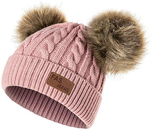 Yixda Baby Kids Winter Mütze Mädchen Jungen Warm Fellbommel Beanie Hüte (Dunkel Rosa)