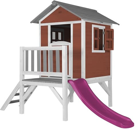 AXI Beach Lodge XL Casetta rosso con scivolo viola | Casa per bambini su palafitte con veranda in legno FSC | Parco giochi per il giardino.