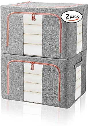 FUSACONY Closet Organizers and Storage, Foldable Oxford Cloth Steel Frame Box,2 Pack,Clear Window & Carry Handles, Waterproof, can Hold Large-capacity Clothes, Bedding, Blankets, Grey (100L)