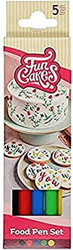 FunCakes Food Pen Primary Set: Black-Red-Blue-Green-Yellow, Writer, 100% Edible Ink, Flexible Tip for thick and thin lines.Great for personalizing your treats with Messages, Quick drying time, Set/5