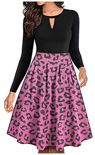 Damen elegant Kleider midikleid A Linie Langarm Partykleid Freizeitkleid Knielang V Ausschnitt Kariert Faltenkleid Sommerkleid (S,Rosa)