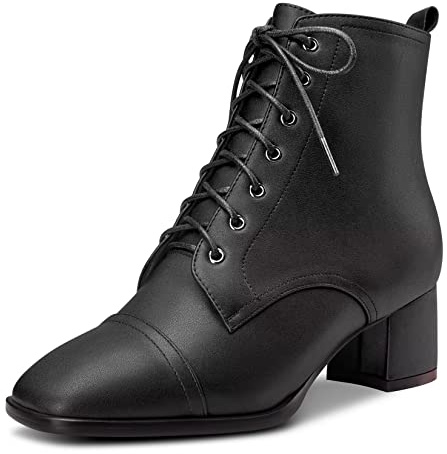Saekcted Femmes Bloc Chunky Bas Kitten Talon Heel Carré Bout Bottines Lacets Fermeture à Glissière Bottes Noir 45 EU