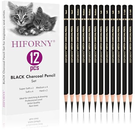HIFORNY Kohlestifte, Zeichnungsset, superweich, mittel und hart, Kohlestifte zum Zeichnen, Skizzieren, Schattieren, Mischen, Hochformat, 12-teilig