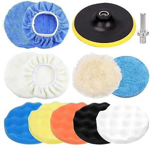Swpeet Set di 13 cuscinetti per lucidatura da 15,2 cm, kit di cuscinetti per lucidatura auto, tamponi in schiuma, tamponi per cera, per trapano elettrico domestico e lucidatrice automatica con