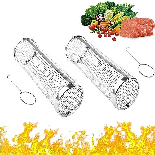 2 Stück Zylindrischer Edelstahl Grillkorb, Runder Grillkorb aus Edelstahl, Grilling Basket Edelstahl Grill Korb mit Griff, Kann Verwendet Werden, Um Gemüse, Fleisch und Andere Lebensmittel zu Rösten