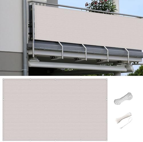 Balkon Sichtschutz 0.65 x 8 m mit Windschutz Und Sonnenschutz Balkon Sichtschutz Wetterfest Balkon-Sichtschutz mit Ösen Und Kabelbinder für Balkon, Weiß
