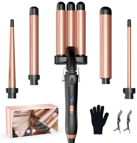 BESTOPE MIX Welleneisen Set 5 in 1, Lockenstab mit Verschiedenen Aufsätzen Einstellbare Temperatur Keramik Lockenstab Große Locken Schnellaufheizung lockenstäbe 3 Fässer für Lange/kurze Haare