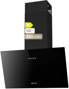 EVVO Campana Extractora 60cm Decorativa, Potencia 350 m³/h, Filtro 3 Capas Aluminio y Carbón Activo, Luz LED, 3 Velocidades, Eficiencia energética B, Acabado Cristal Negro