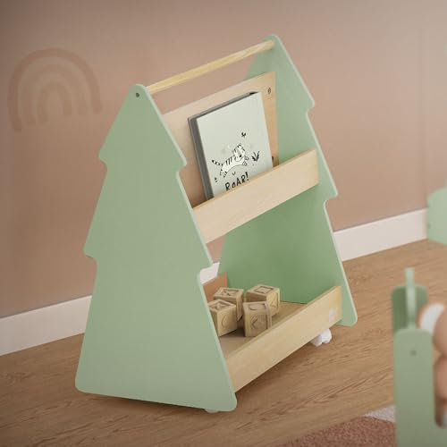 Joyz Bücherregal Kinder Tanne, 60x38x70,5 cm, Grün-Natur, 2 Seitiges Kinderregal aus Holz mit 3 Ablagen und 4 Rollen, Kinderzimmer Regal, Aufbewahrungsregal für Kinder, Spielzeugregal Büchergestell