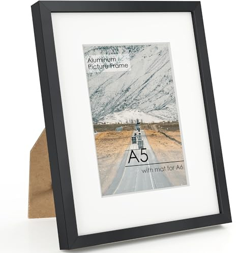 FLYJOE A5 Picture Frame Black - High-End Metal Frame for Wall, Photo Frame with Mat A6, Poster Frame 5.8x8.3, Aluminum Frame with HD Plexiglass, Diploma, Certificates, Decor, Wall Kit, Black