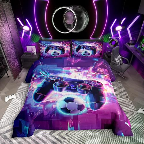 Homewish Juego de ropa de cama Gaming 220x240 para niños, juego de cama con diseño geométrico de gamepad para niños, juego de cama de fútbol para niños, juego de cama 3D con cubos de fútbol neón
