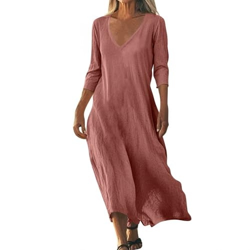 Women's Summer Sleeveless Linen Maxi Dress Long Sleeve Elegant Flowy Solid Color 3/4 V Neck Cotton Loose Dresses for Women UK (Pink, XXL)
