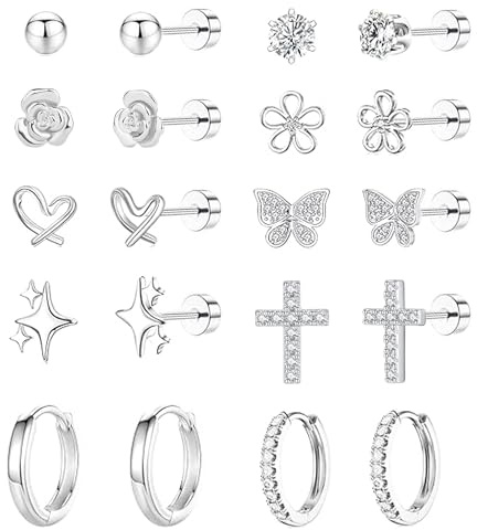 LOFITOR 10 Pairs Hypoallergenic Flat Back Earrings For Women Girls Kids Cute Surgical Steel Huggie Hoop Stud Earrings Set CZ Flower Cross 316L Stainless Steel Screw Back Earring Jewelry Silver