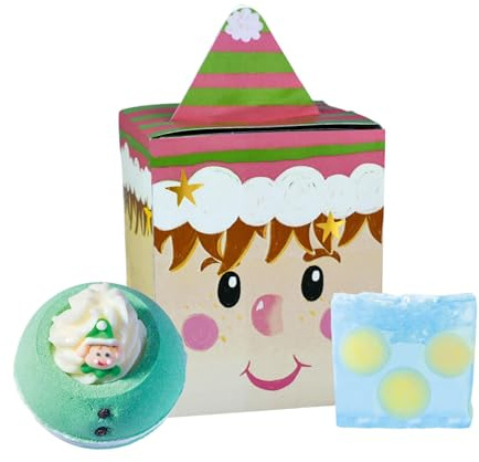 Bomb Cosmetics Mini Character Gift Box – Bath Body Set Bath Bomb Blaster & Soap Duo Cruelty-Free, Pure Essential Oils (Treat Your Elf)