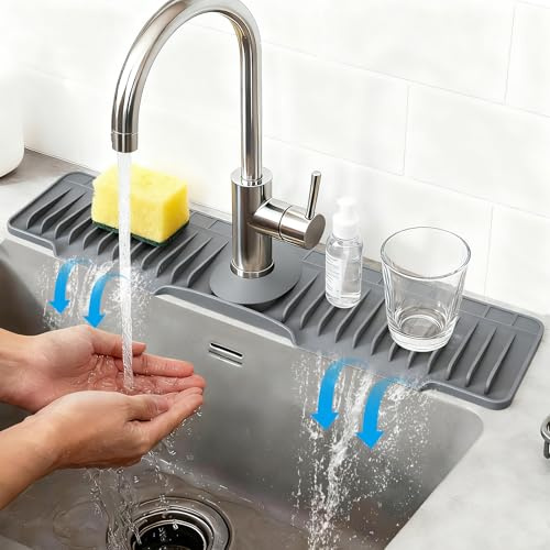 24 Silicone Faucet Mat for Kitchen Sink of The Lastest, Dark Grey | 8° Slope Fast Self-draining, Kitchen Sink Water Splash Guard, Behind Faucet Draining Mat, for Bathroom Kitchen Sink Area