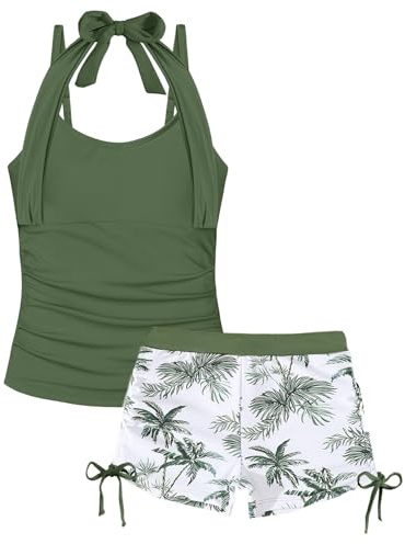 Girls Swimming Costume Padded Bras 7-15 Years, Two Piece Drawstring Halterneck Girls Tankini Swimsuit with Boy Shorts Kids Bathing Suit, Green Trees 7-8 Years