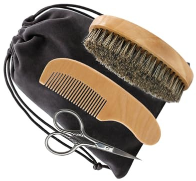 Alipis Kit Cuidado Barba Completo para Hombre con Tijeras Cepillo de Cerdas Naturales y Peine de Madera Herramienta Profesional para Afeitado y Mantenimiento Diario