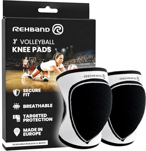 Rehband Volleyball Knee Pads 5mm Neoprene, Protective Knee Sleeves for Indoor Volleyball, Shock-Absorbing Knee Protection for Training & Matches, Unisex, Colour:White - 1 Pair, Size:Large