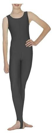 BODYWEAR LTD Leotardo brillante sin mangas con pie de estribo para niñas, ropa de baile de longitud completa para ballet, gimnasia, disfraz de unitardo elástico de nailon y elastano, Negro, 11-12 años