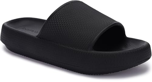Joomra Womens Shower Slippers Slides Cushion for Mens Size 10 Foam Female Pillow House Slipers Pool Beach Spa Garden Sandals for Ladies Male Sandles Black 42-43