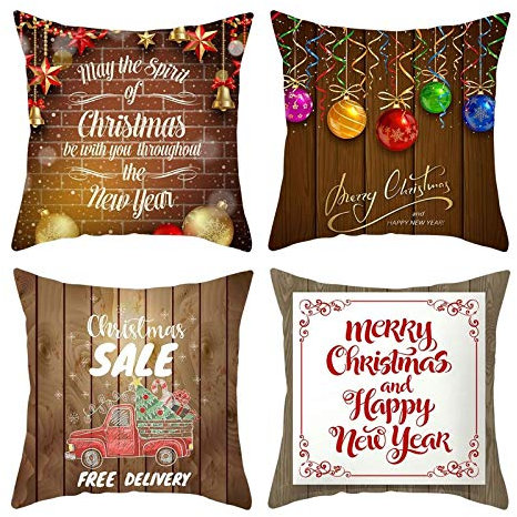 Homxi Kissenbezug Weihnachten 4er Set,40x40cm Deko Kissenhüllen Weihnachten,Weihnachtskugeln Merry Christmas and Happy New Year,Kissenhüllen Polyester Braun