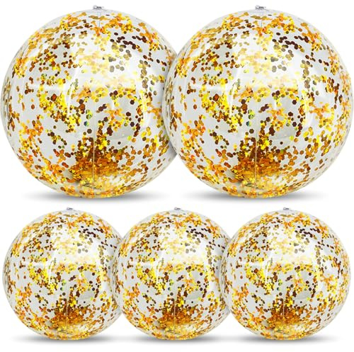5 Pcs Inflatable Beach Balls, 16 Inch & 24 Inch Large Confetti Glitter Beach Balls, Sequins Clear Blow up Pool Balls Toys for Christmas Party Decorations 2026 New Year Birthday Summer Swimming Pool
