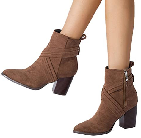 ticticlily Damen Stiefeletten Blockabsatz Spitze Wildleder Stiefel Herbst Frauen Leichte Boots Schuhe Reißverschluss Winterstiefel Ankle Boots A Braun 40 EU